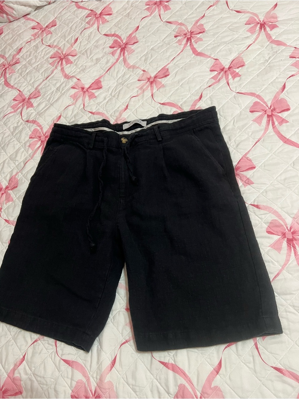 100% Linen Men’s Vittorio Black Flat-Front Drawstring Shorts XL